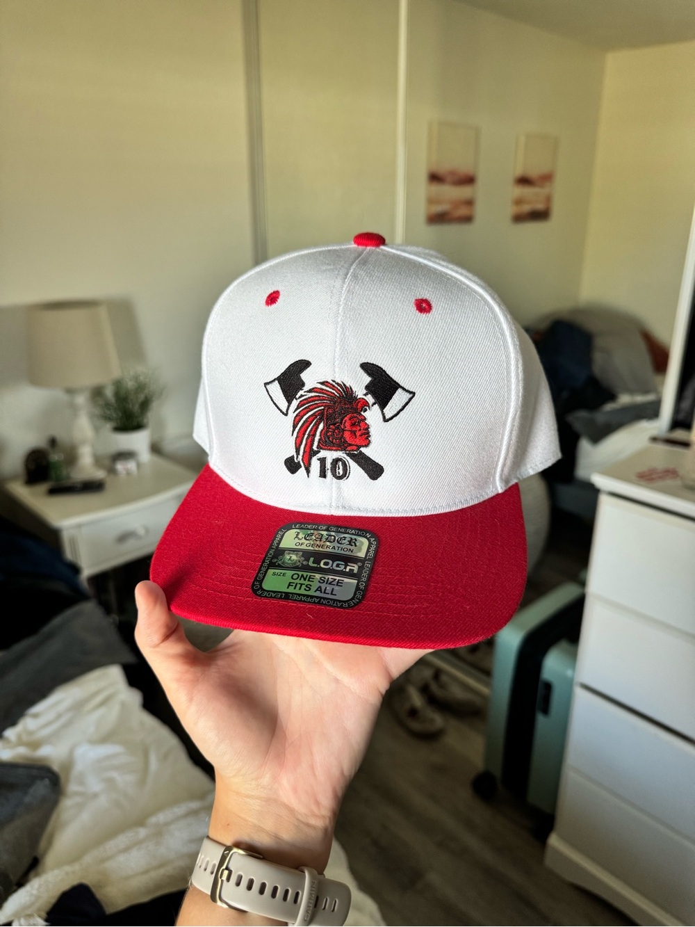 White and Red Snapback Hat with Axe & Native Logo